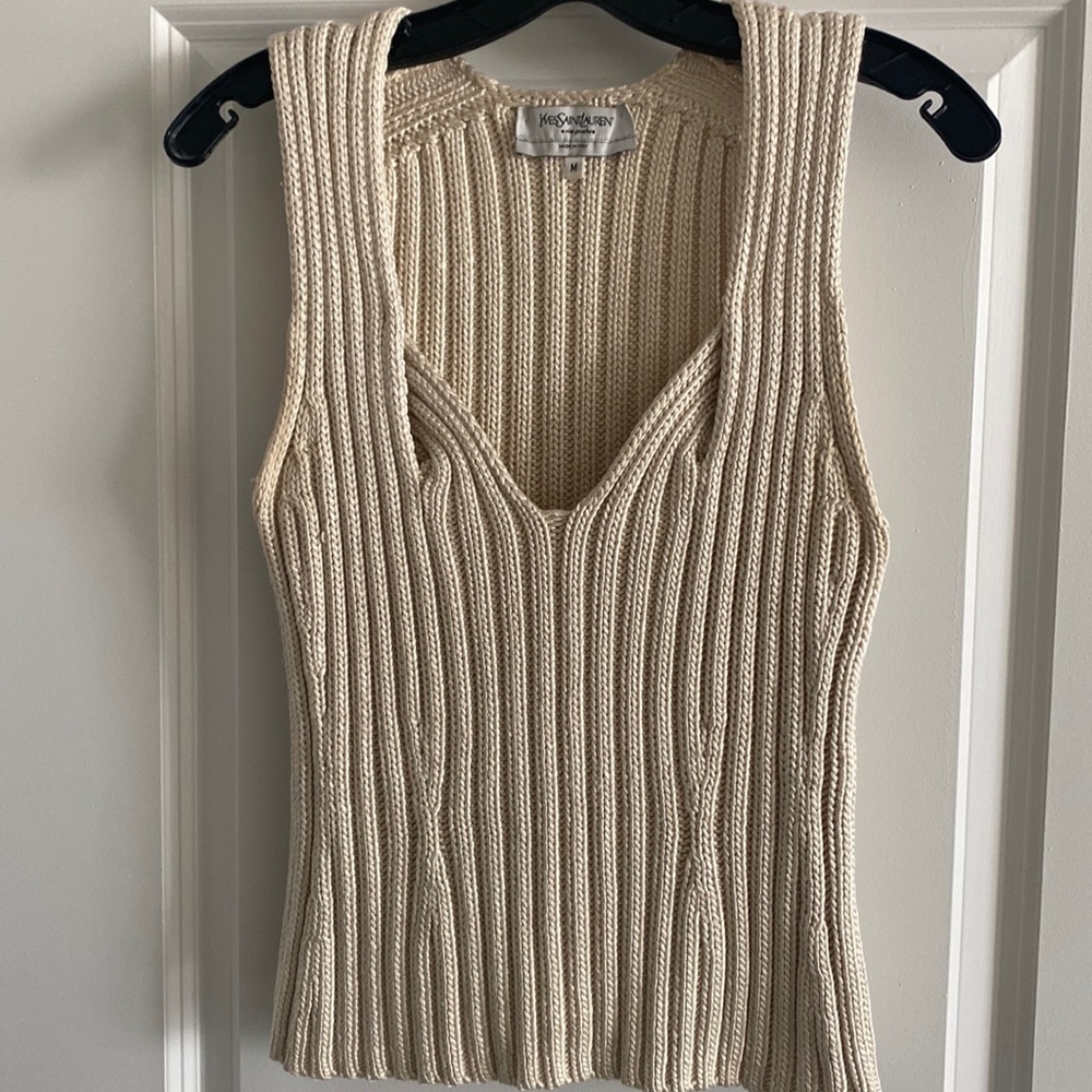 YSL Rive Gauche, cream size M silk sweater.V curve neckline. Flattering.